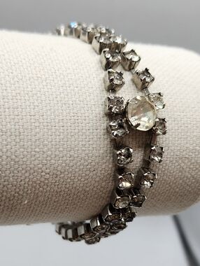 Vintage Clear Rhinestone Bracelet Art Deco Double Row Tennis Silver Tone 7" Inch